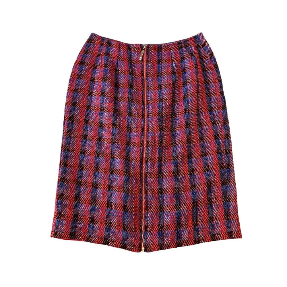 Doncaster Women's Sz 2 Red Plaid Print 100% Silk Skirt‎ Office Siren Secretary